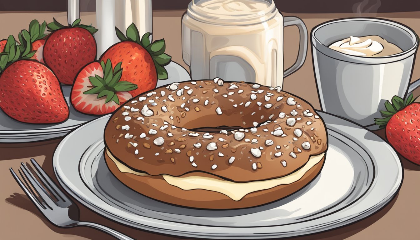 A cinnamon raisin bagel sits on a plate, topped with cream cheese, sliced strawberries, and a sprinkle of cinnamon. A toaster oven is nearby, with the bagel inside, heating up