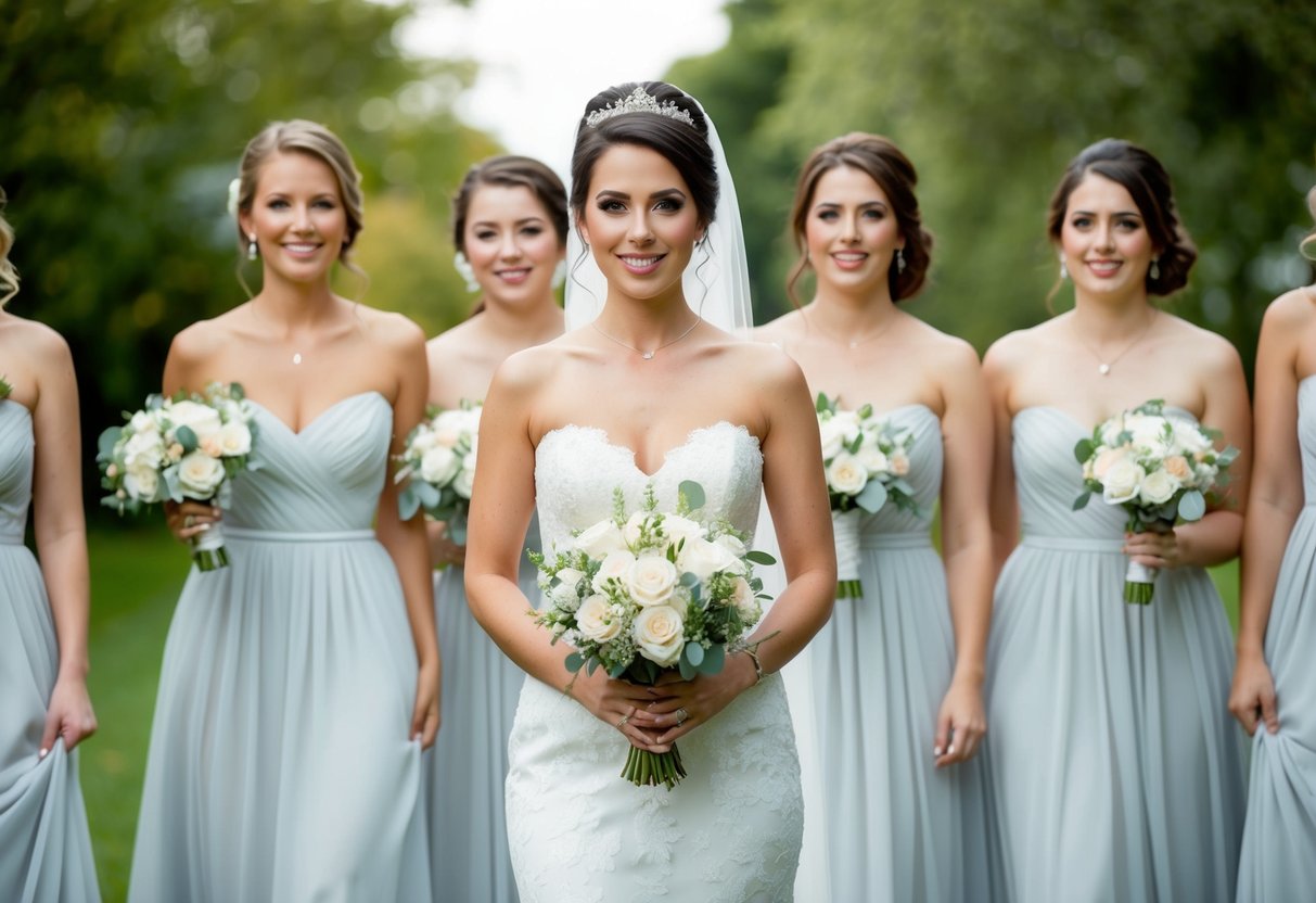 A maid of honor stands in the center, surrounded by bridesmaids, all wearing elegant dresses. The maid of honor holds a bouquet and exudes confidence and poise