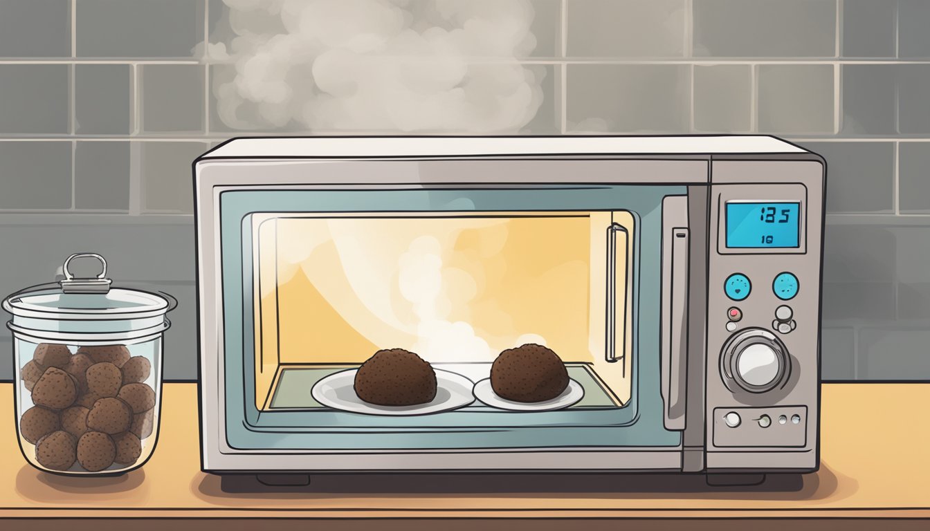 A microwave with a plate of chocolate truffles inside, a timer being set, and a thought bubble with steam rising from the truffles