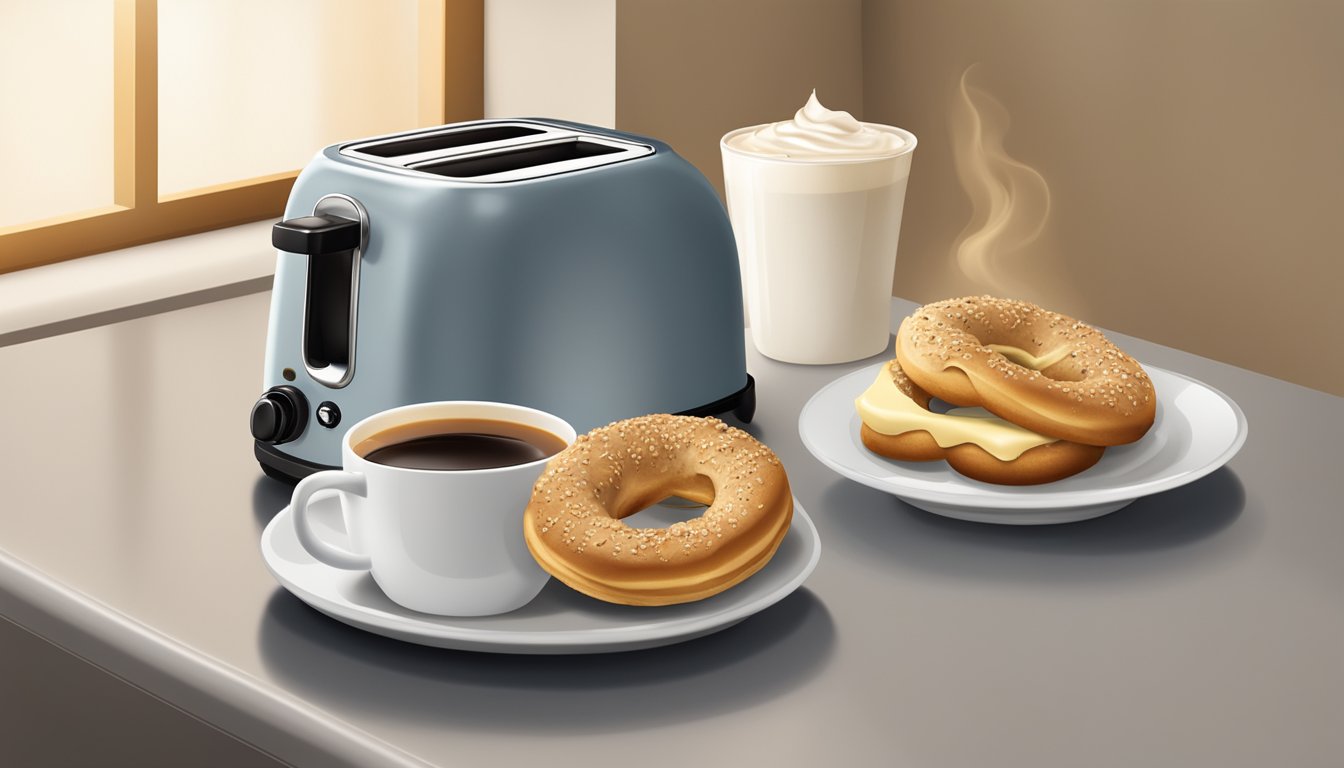 A toaster set on medium heat with a golden cinnamon raisin bagel inside, next to a spread of cream cheese and a steaming cup of coffee