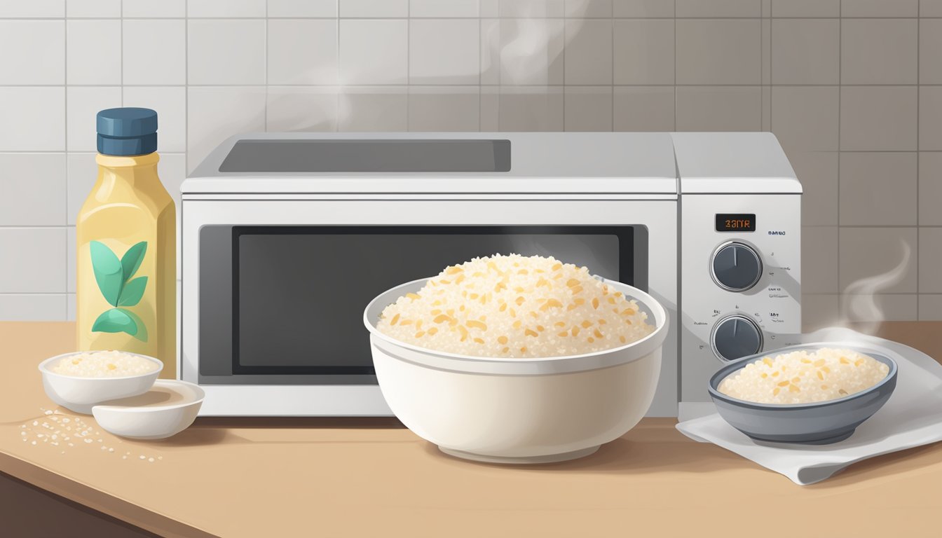 A bowl of coconut rice pudding being heated in a microwave