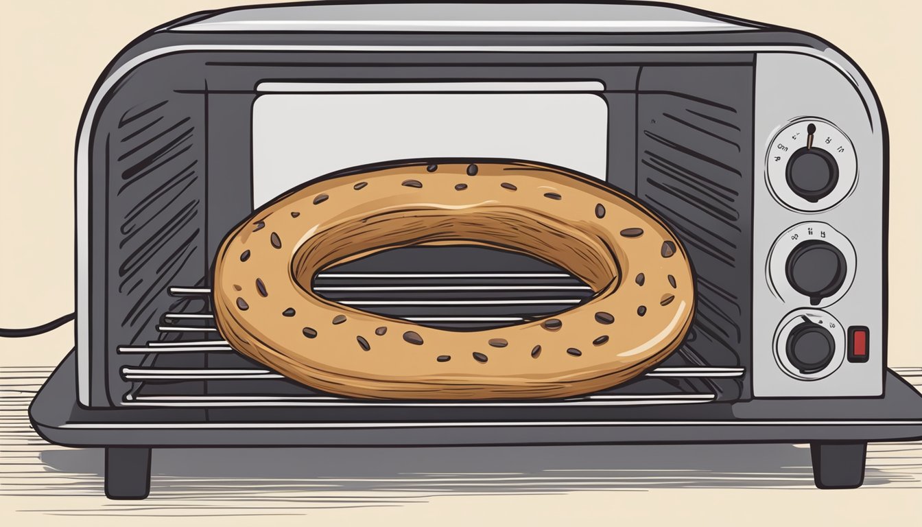 A cinnamon raisin bagel sits on a plate, being warmed in a toaster oven until golden and fragrant