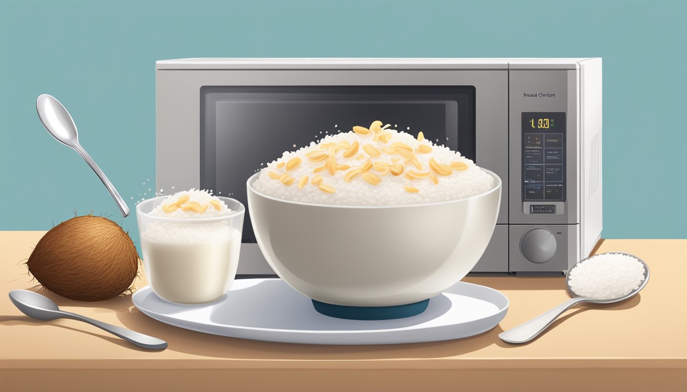 A bowl of coconut rice pudding being placed in a microwave next to a spoon and a splash of milk