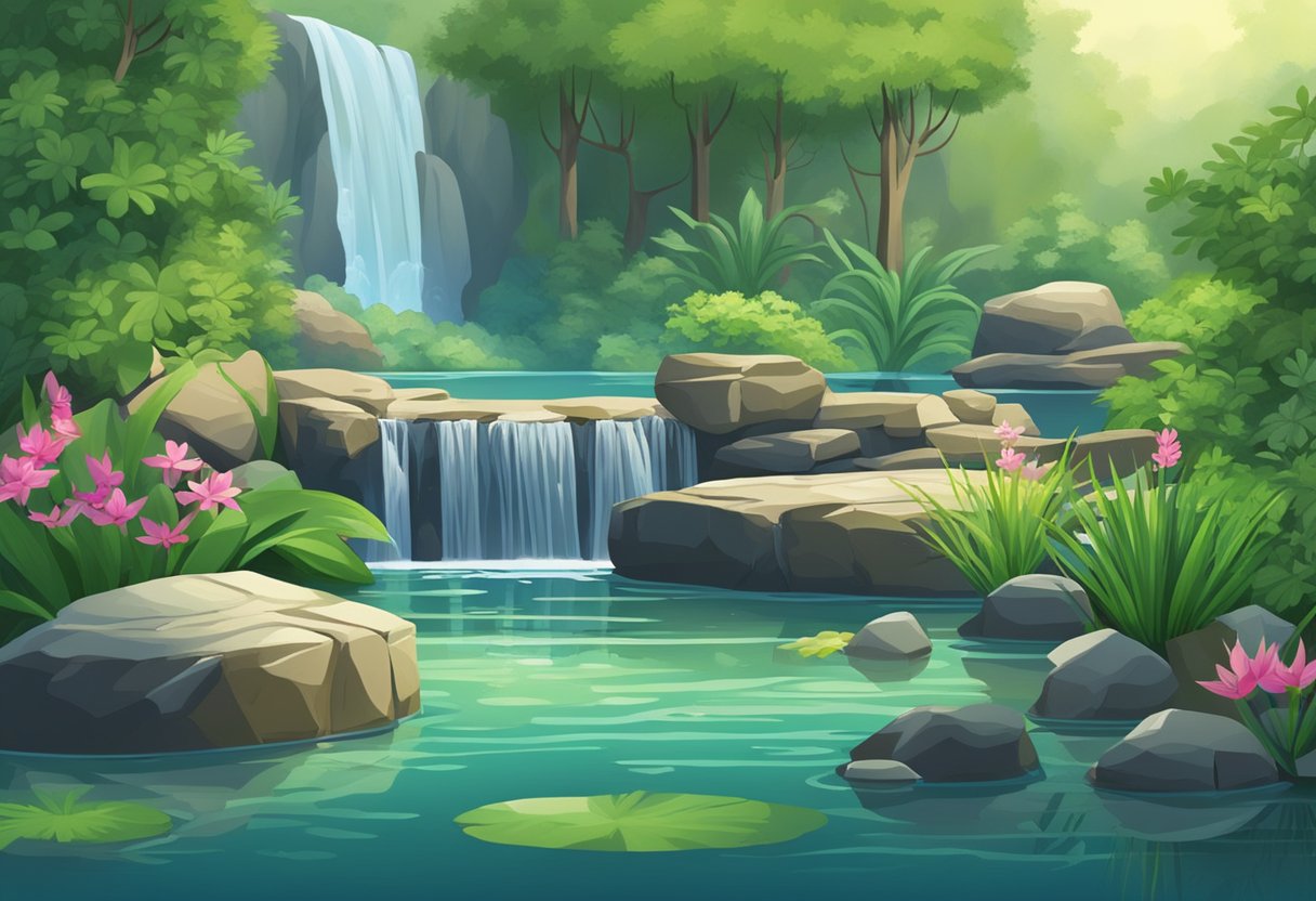 A serene pond surrounded by lush greenery, with a waterfall cascading into the clear water. Various aquatic plants and rocks create a natural ecosystem