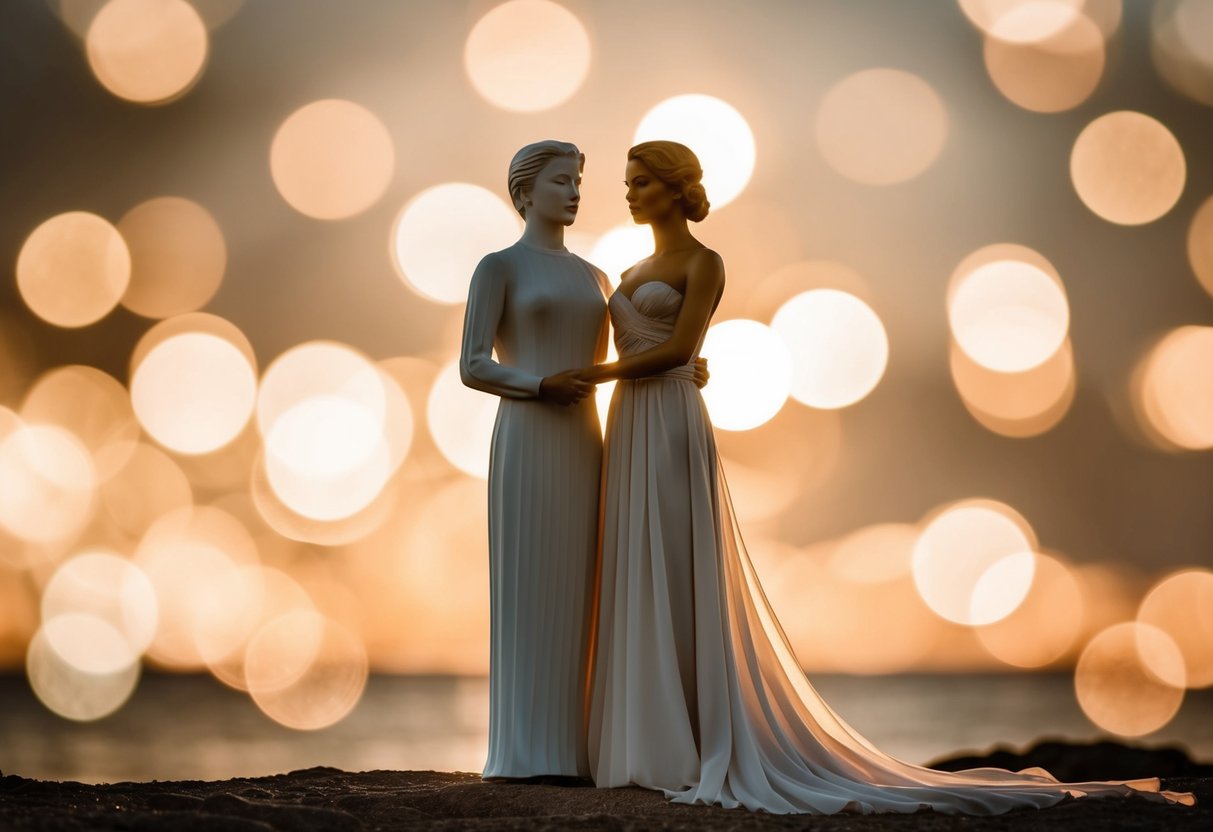 A woman in a flowing gown stands beside another figure, symbolizing support and companionship