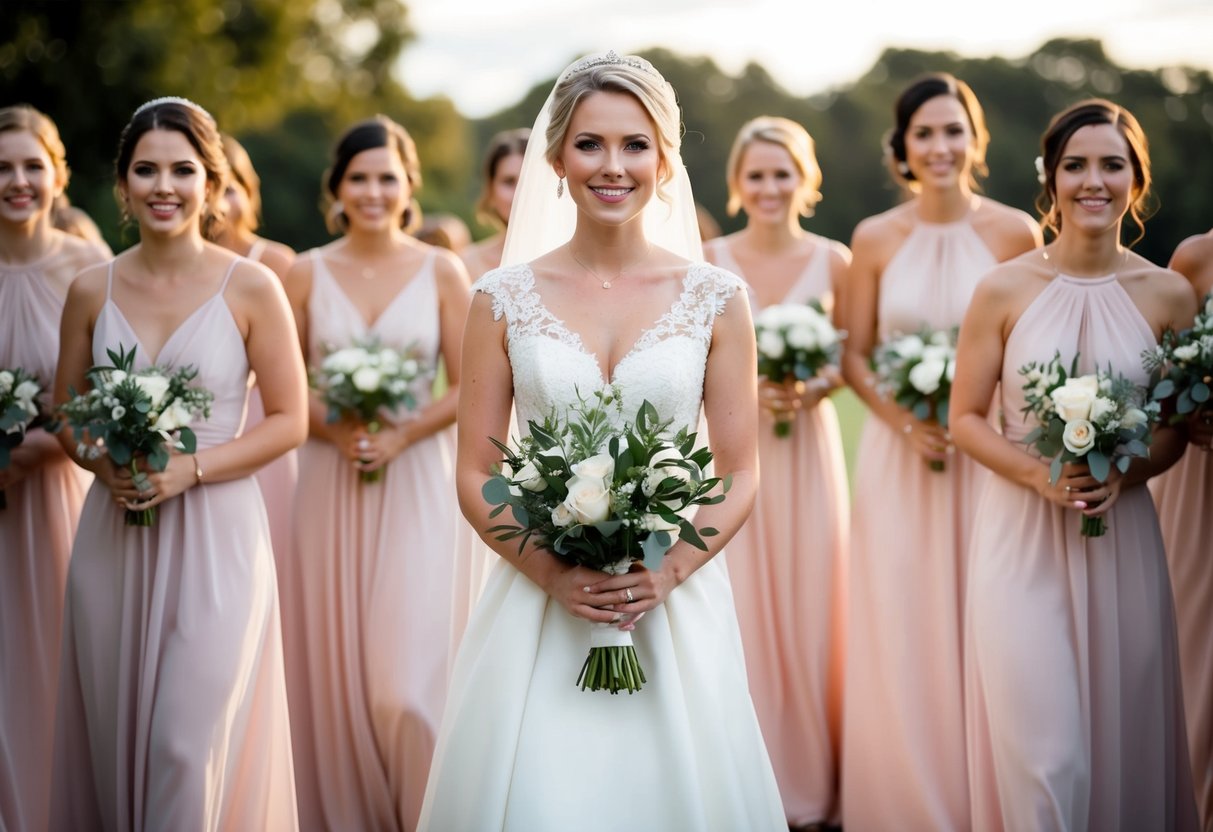 A maid of honor stands in the center, surrounded by bridesmaids. She holds a bouquet and wears a distinct dress, suggesting her elevated status