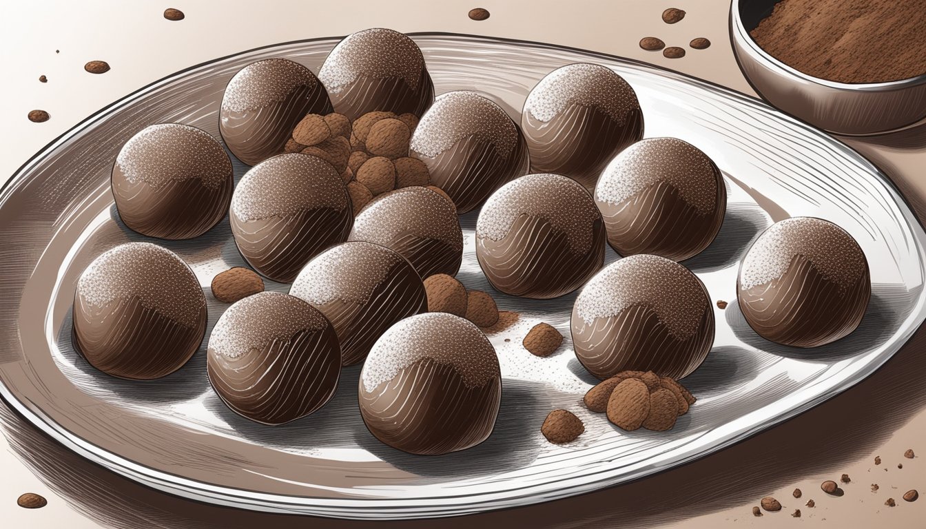 A plate of chocolate truffles being gently dusted with cocoa powder before serving