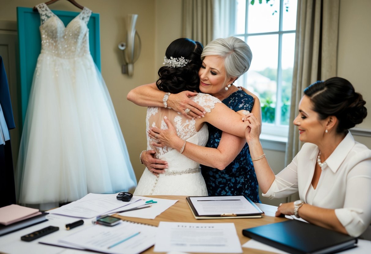 A bride and her mother embrace, surrounded by wedding planning materials and a maid of honor dress