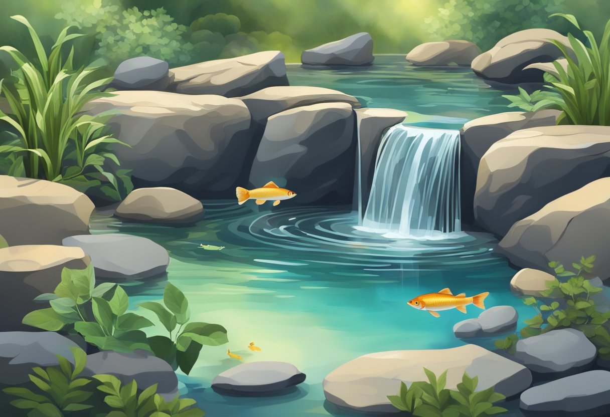 A serene pond being created, with rocks and plants arranged, a small waterfall flowing, and fish swimming in the clear water