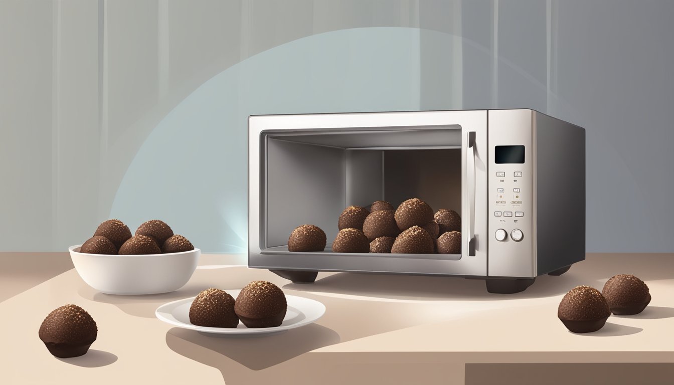 A microwave door with a plate of chocolate truffles inside, the light is on and the truffles are starting to melt