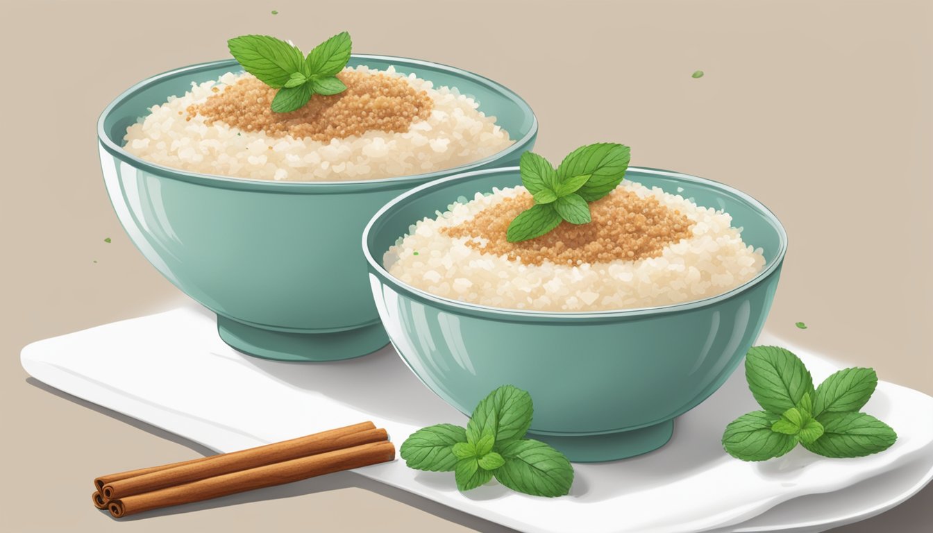 A steaming bowl of coconut rice pudding being sprinkled with cinnamon and garnished with a sprig of fresh mint, ready to be served