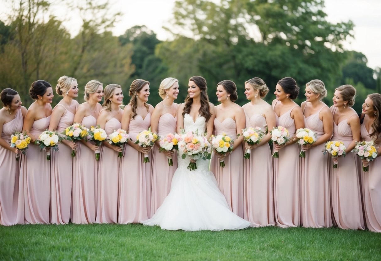 A group of 14 bridesmaids standing in a row, holding bouquets and wearing matching dresses, creating a colorful and crowded scene