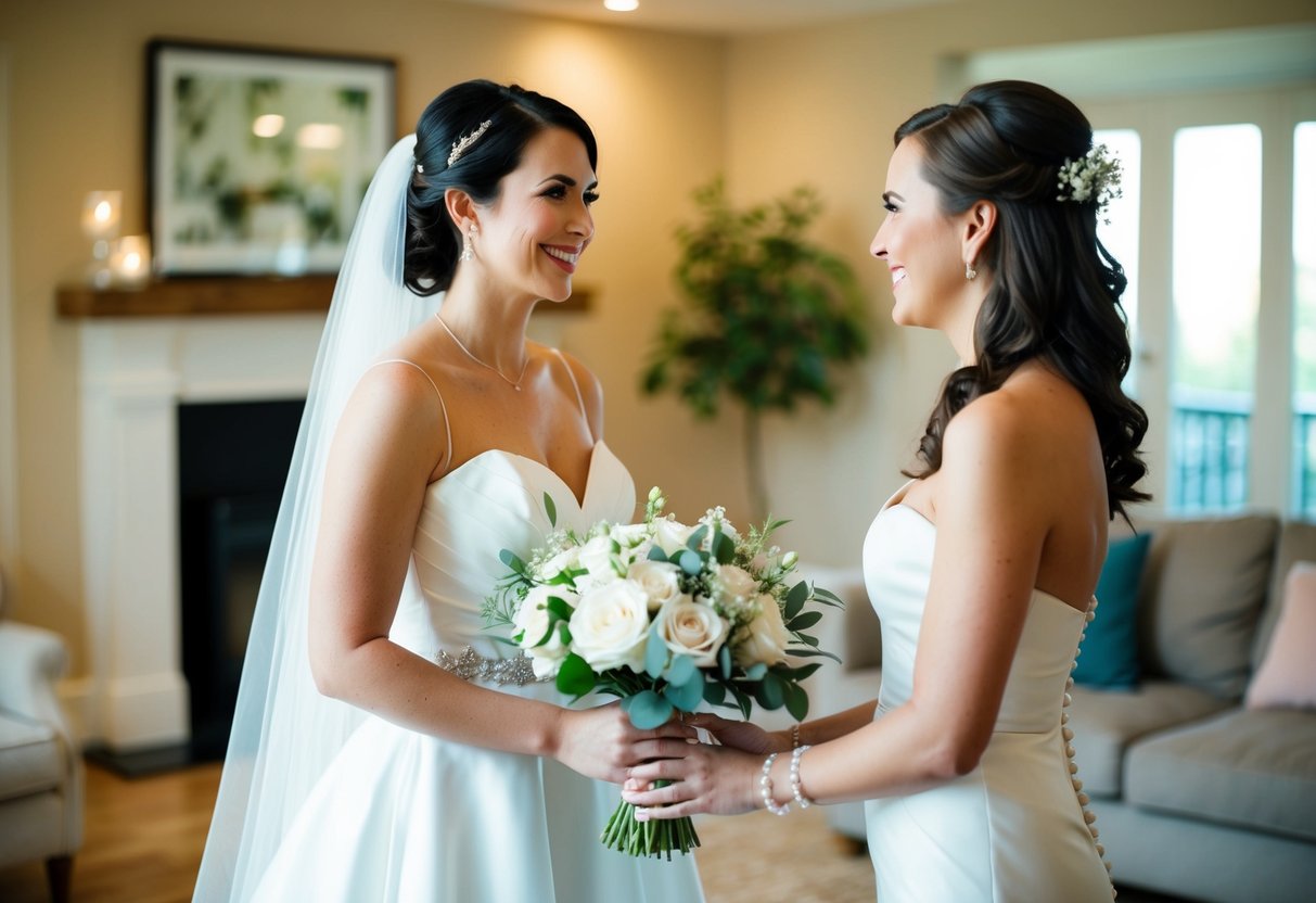 A bride holding a bouquet, facing her maid of honor with a smile. They are in a cozy living room with soft lighting