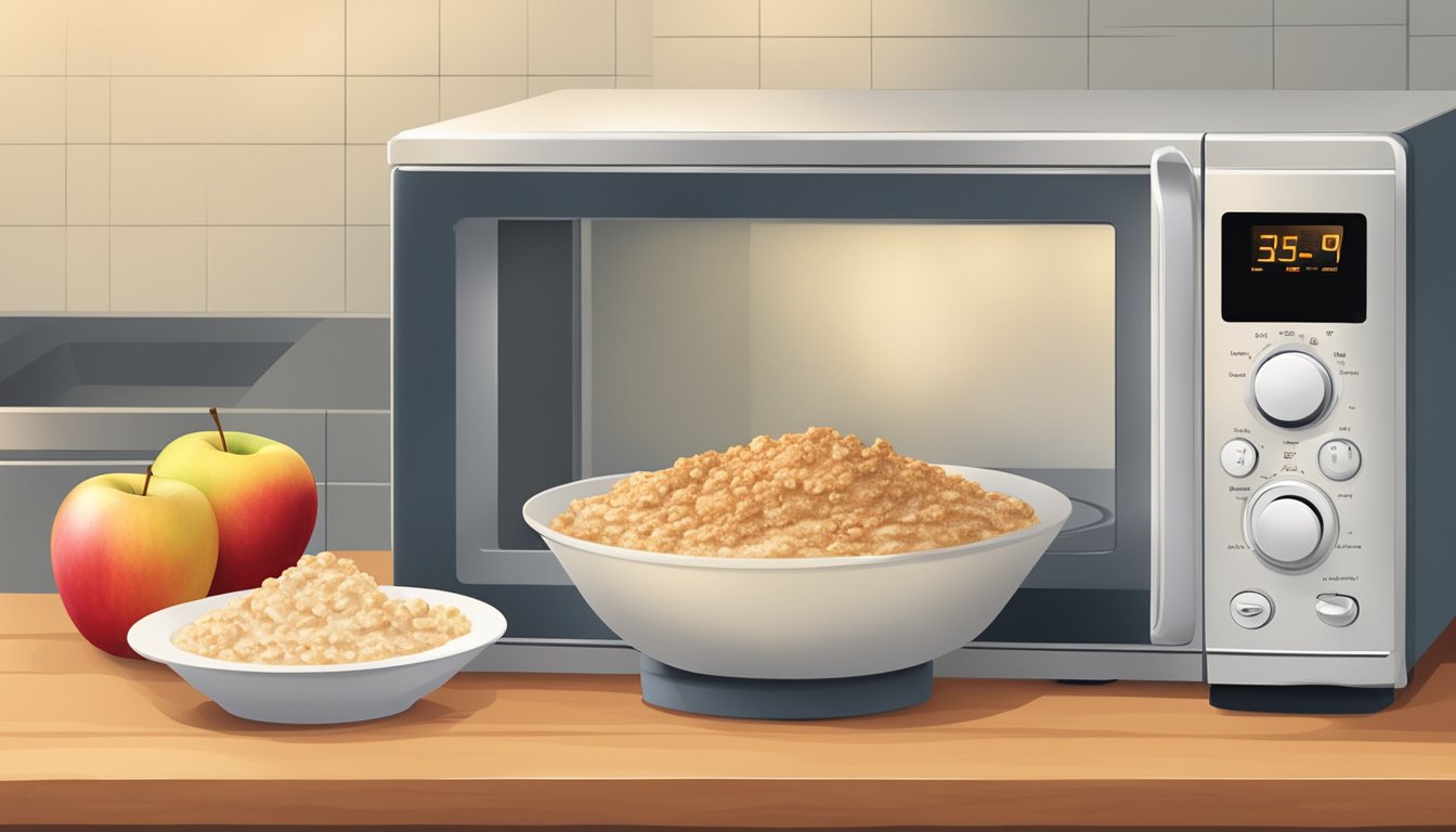 A bowl of cinnamon apple oatmeal being warmed in the microwave