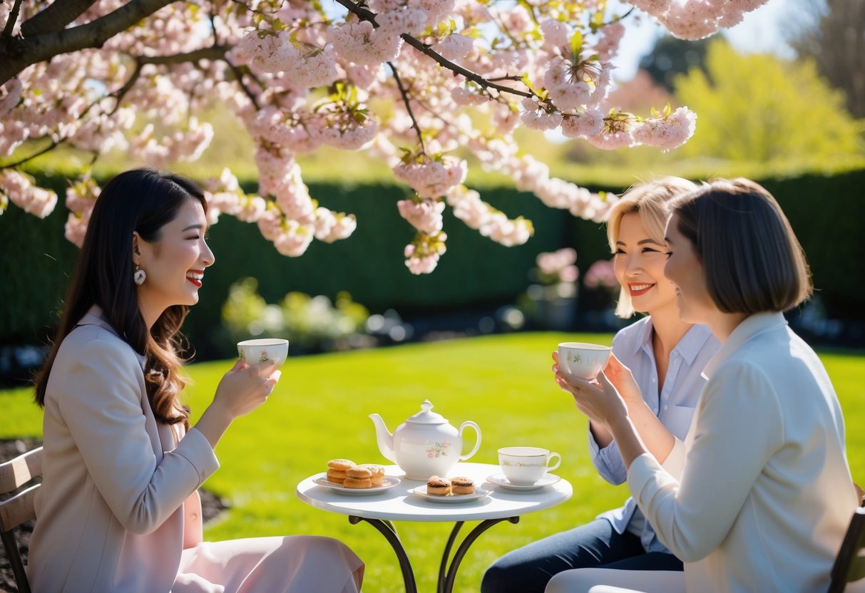 A sunny garden with a blooming cherry blossom tree, a small table set with tea and pastries, and two friends sharing a heartfelt conversation