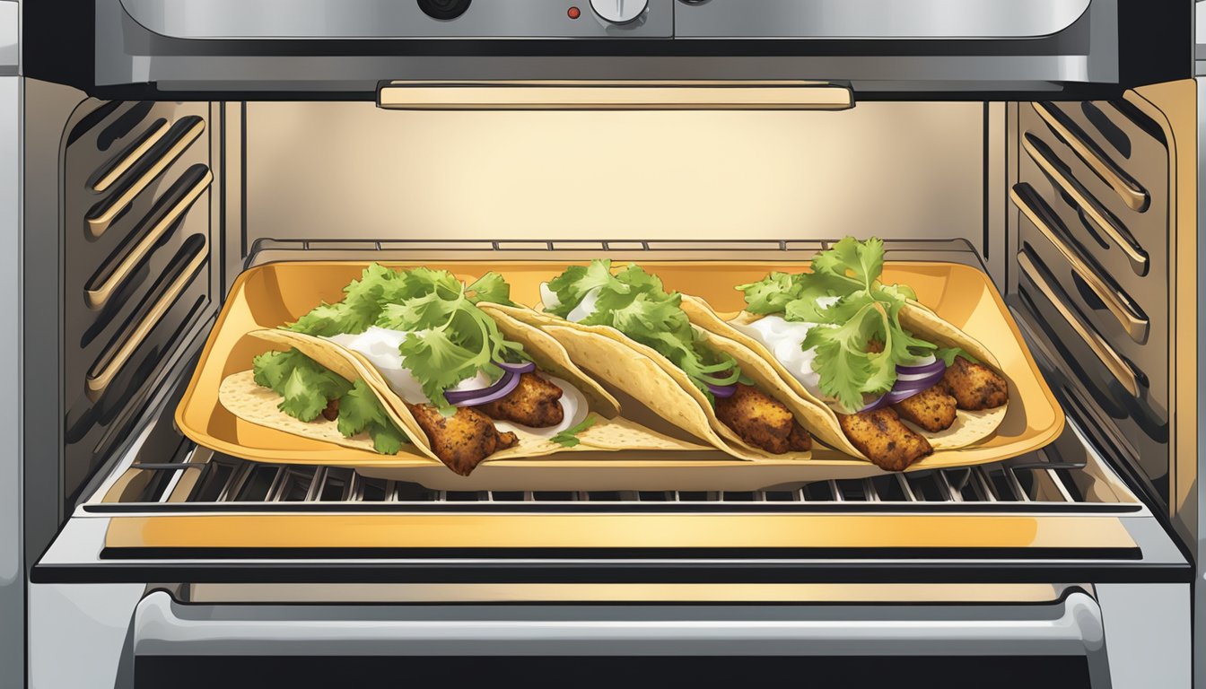 A plate of cod fish tacos being heated in an oven