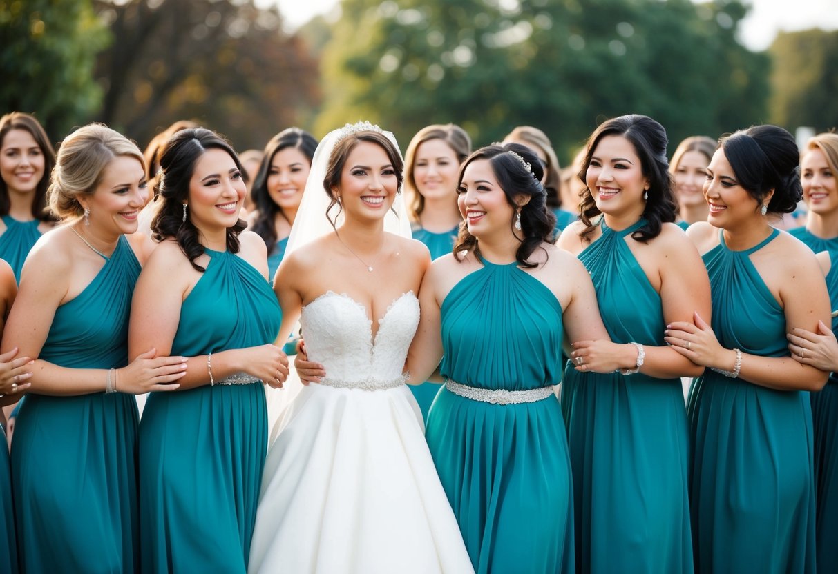 A bride surrounded by a large group of women, all dressed in matching attire, standing in a line and smiling