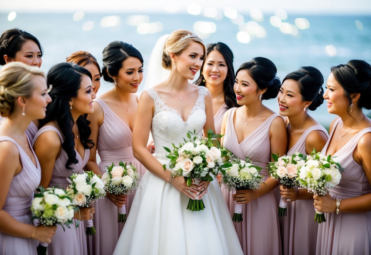 A bride surrounded by a large group of bridesmaids, all dressed in matching attire, discussing wedding details and holding bouquets