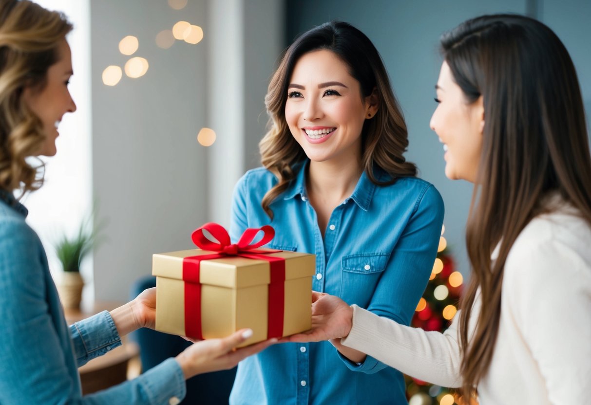 A woman presents a gift box to another woman, smiling and holding out the box with excitement