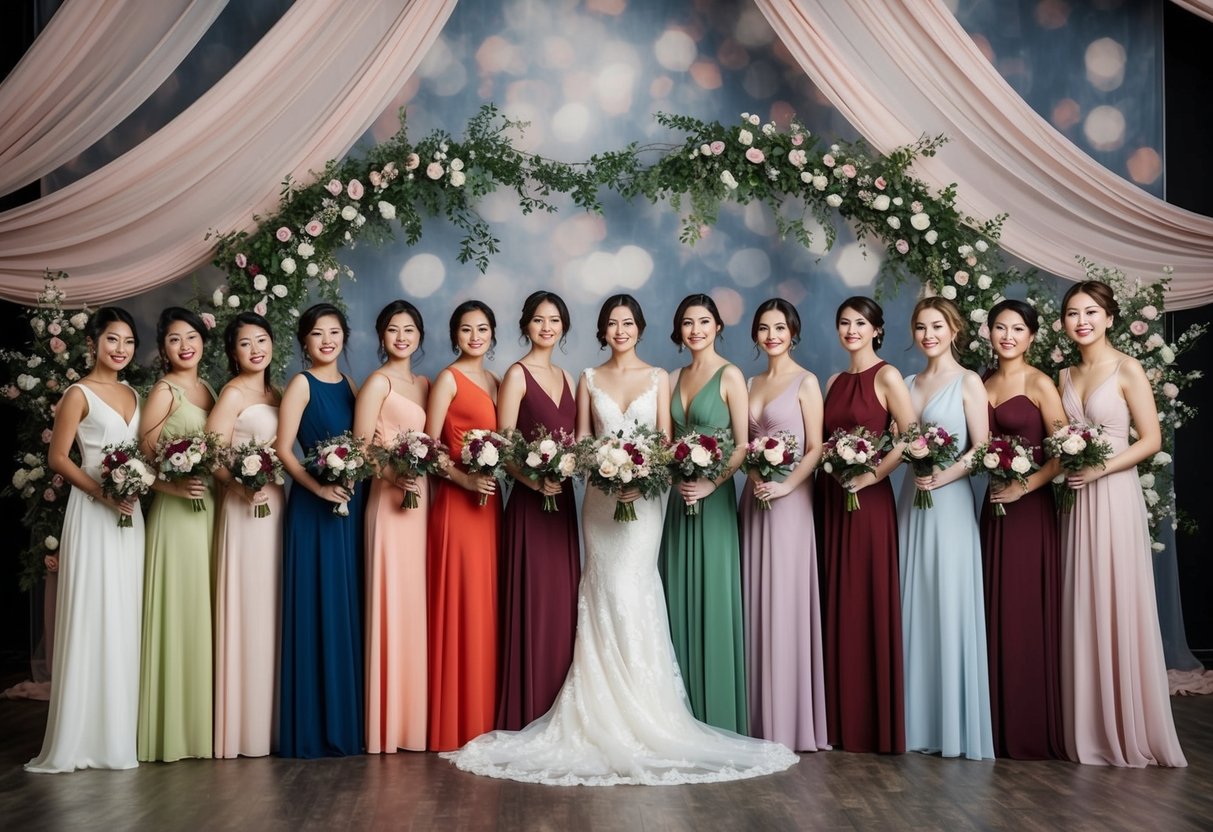 A group of 14 bridesmaid dresses arranged in a variety of colors and styles, set against a backdrop of flowing fabric and floral bouquets