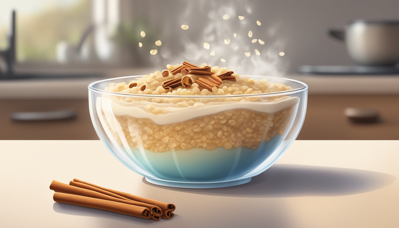 A bowl of cinnamon apple oatmeal being microwaved in a glass dish, steam rising from the hot oats