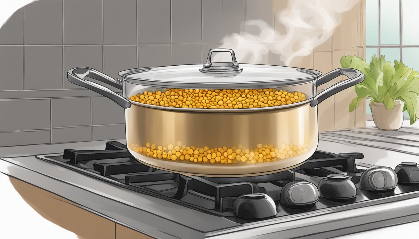 A pot of coconut curry lentils being reheated on a stovetop, with steam rising and a lid partially covering the pot