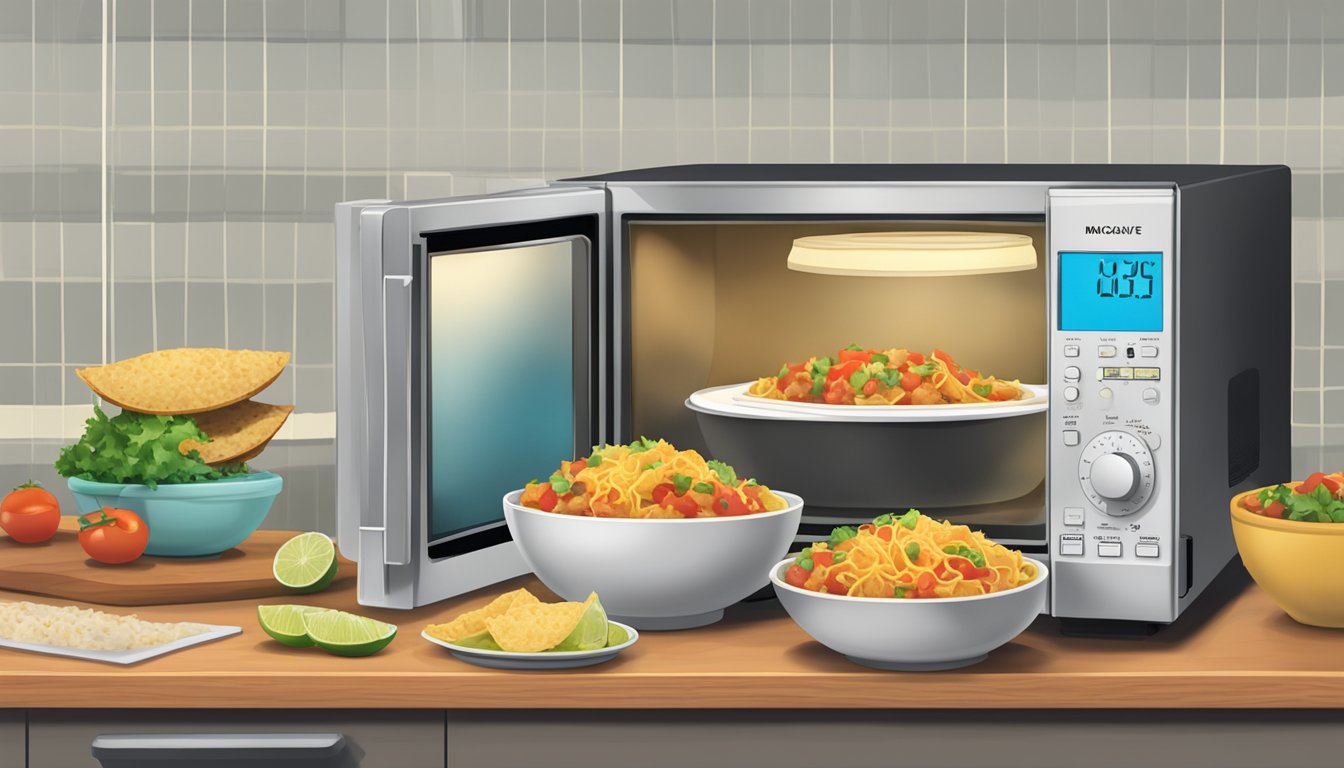 A microwave with a plate of cod fish tacos inside, a timer set, and a steaming bowl of salsa on the counter