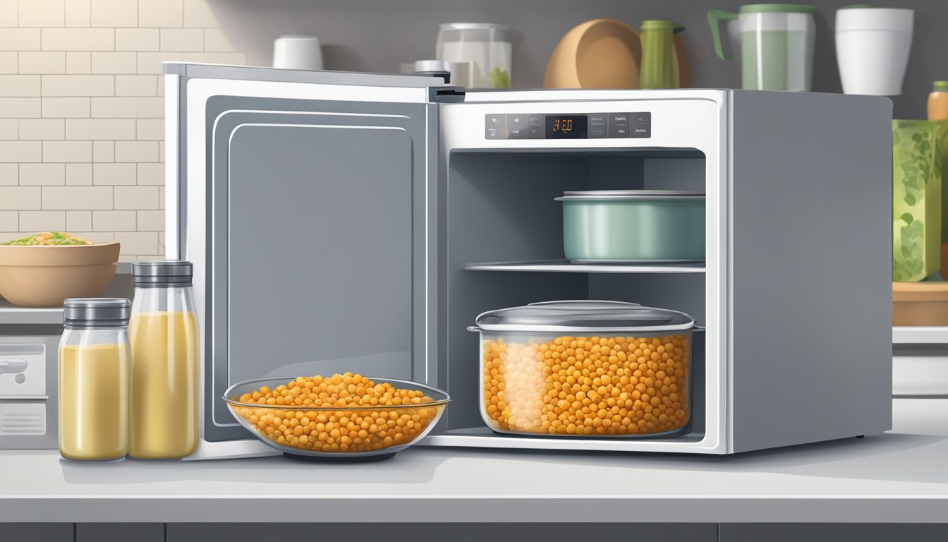 A pot of coconut curry lentils being stored in the refrigerator, with a microwave and stovetop nearby for reheating