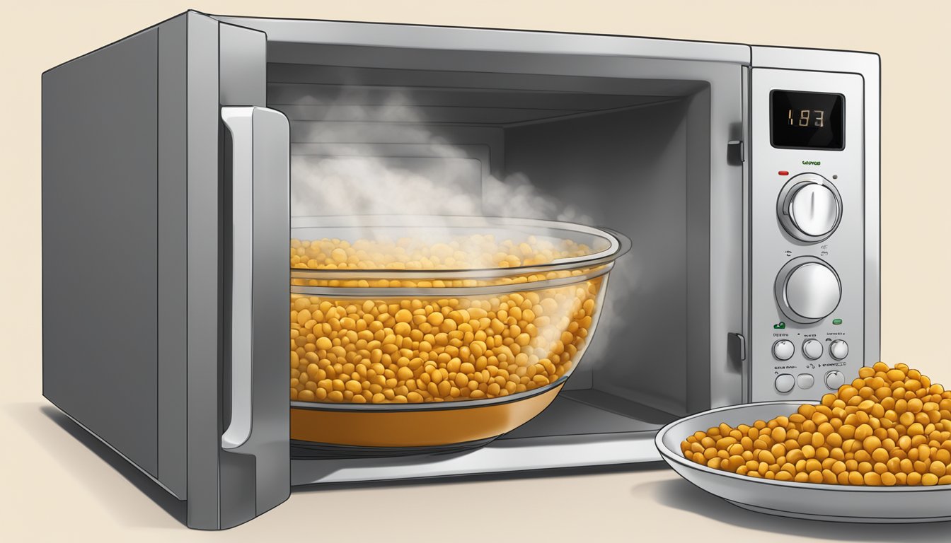 A steaming bowl of coconut curry lentils being reheated in a microwave