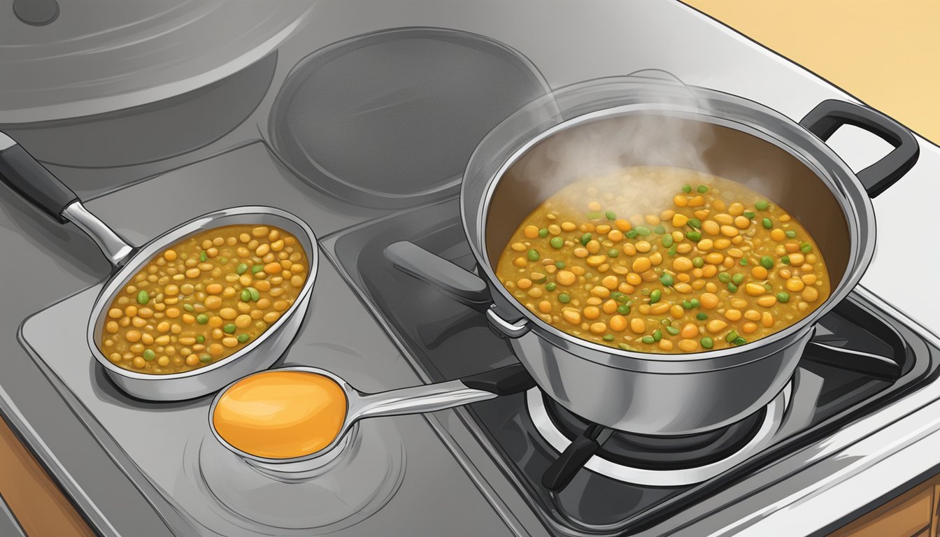 A pot of coconut curry lentils simmering on a stovetop, steam rising as a spoon stirs the mixture