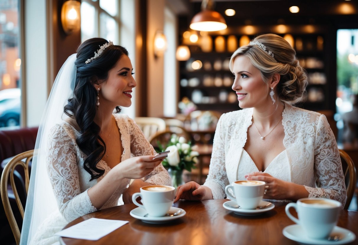 The bride and maid of honor discussing wedding plans over coffee at a cozy cafe