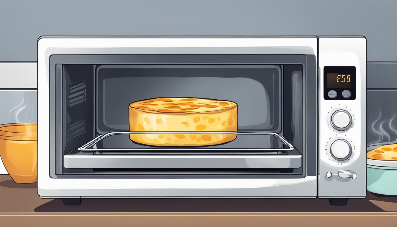 A slice of clafoutis being gently reheated in a microwave, with steam rising from the warm, custardy interior