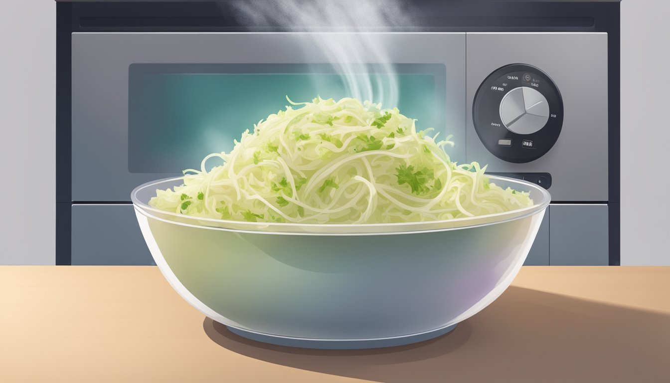 A bowl of coleslaw being gently warmed in a microwave, steam rising from the creamy cabbage mixture