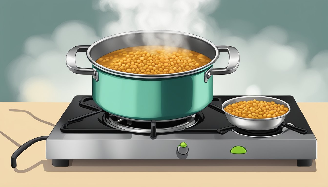 A pot of coconut curry lentils being gently reheated on a stovetop, with steam rising and the rich aroma filling the kitchen