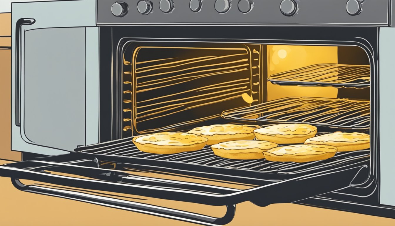 A clafoutis sits in a preheated oven, golden and bubbling. A hand reaches in with a mitt to remove it