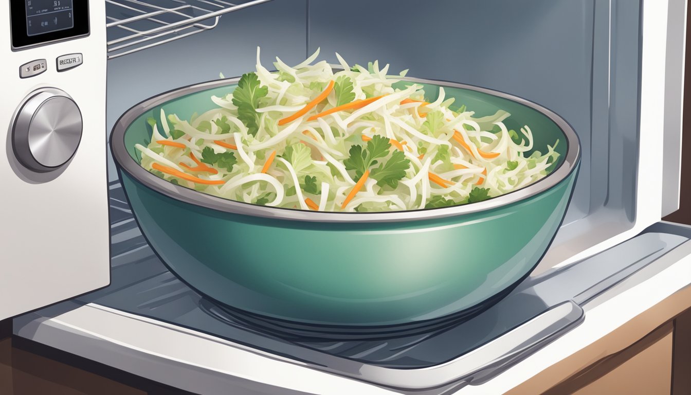 A bowl of coleslaw being taken out of the refrigerator and placed in the microwave for reheating