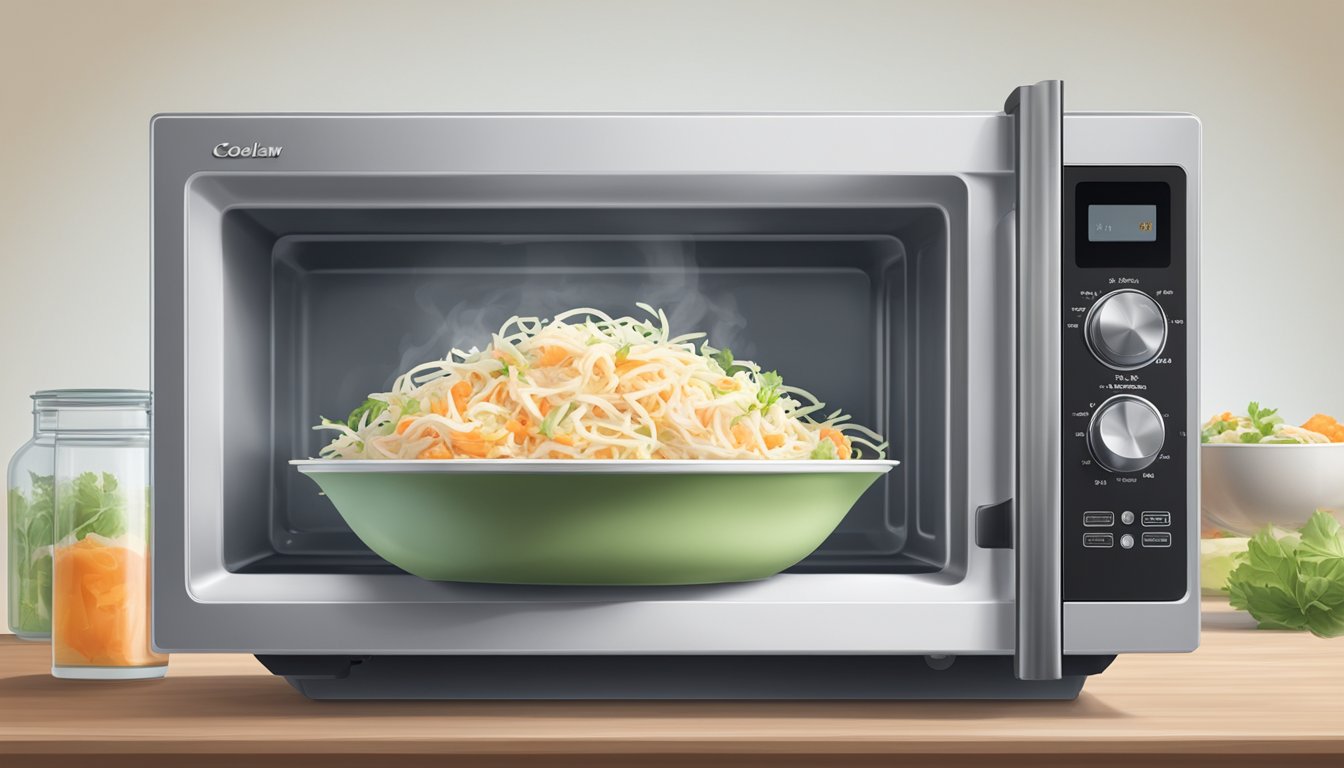 A microwave with a bowl of coleslaw inside, steam rising from the dish