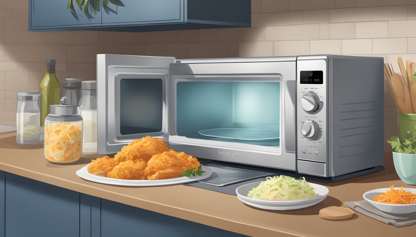 A microwave and stovetop with a pot of coleslaw being reheated