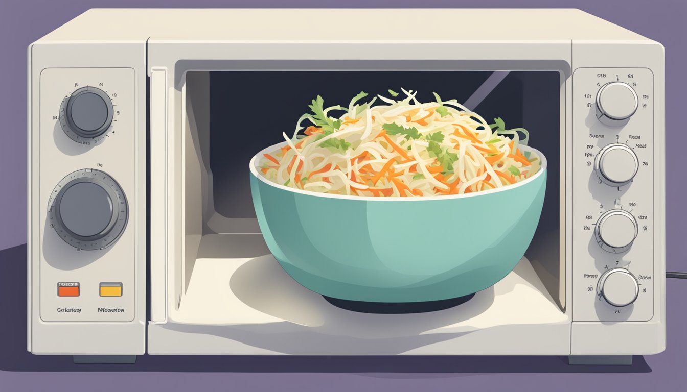 A bowl of coleslaw being gently stirred with a fork in a microwave