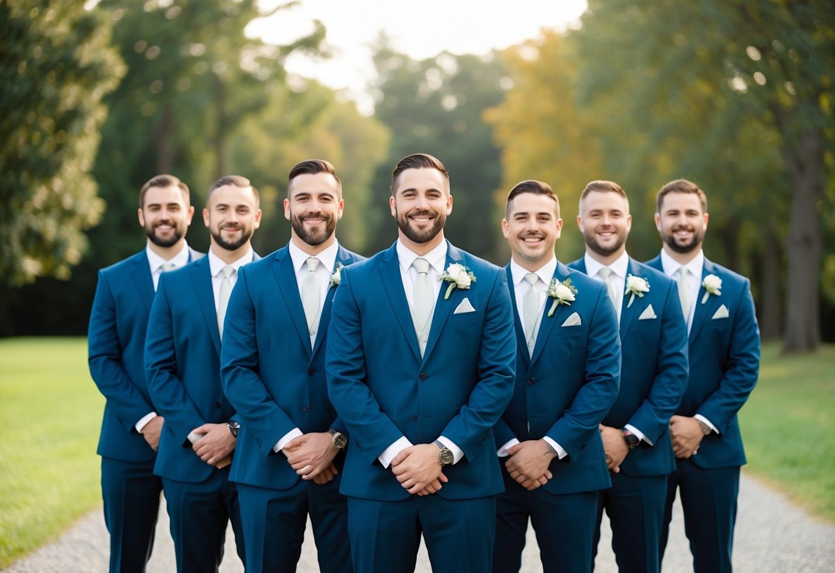 Six groomsmen standing in a line, wearing matching suits and ties, holding bouquets or boutonnieres