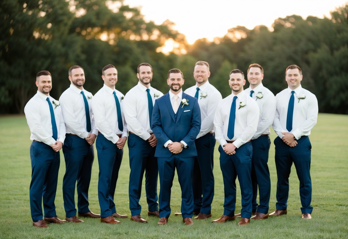 A group of groomsmen standing together in formal attire, with the groom at the center