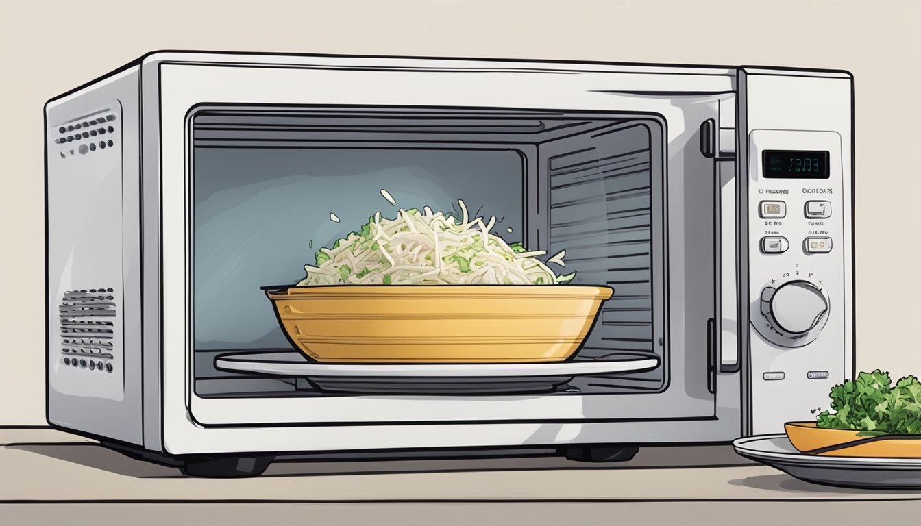 A microwave with a bowl of coleslaw inside, with steam rising from the dish