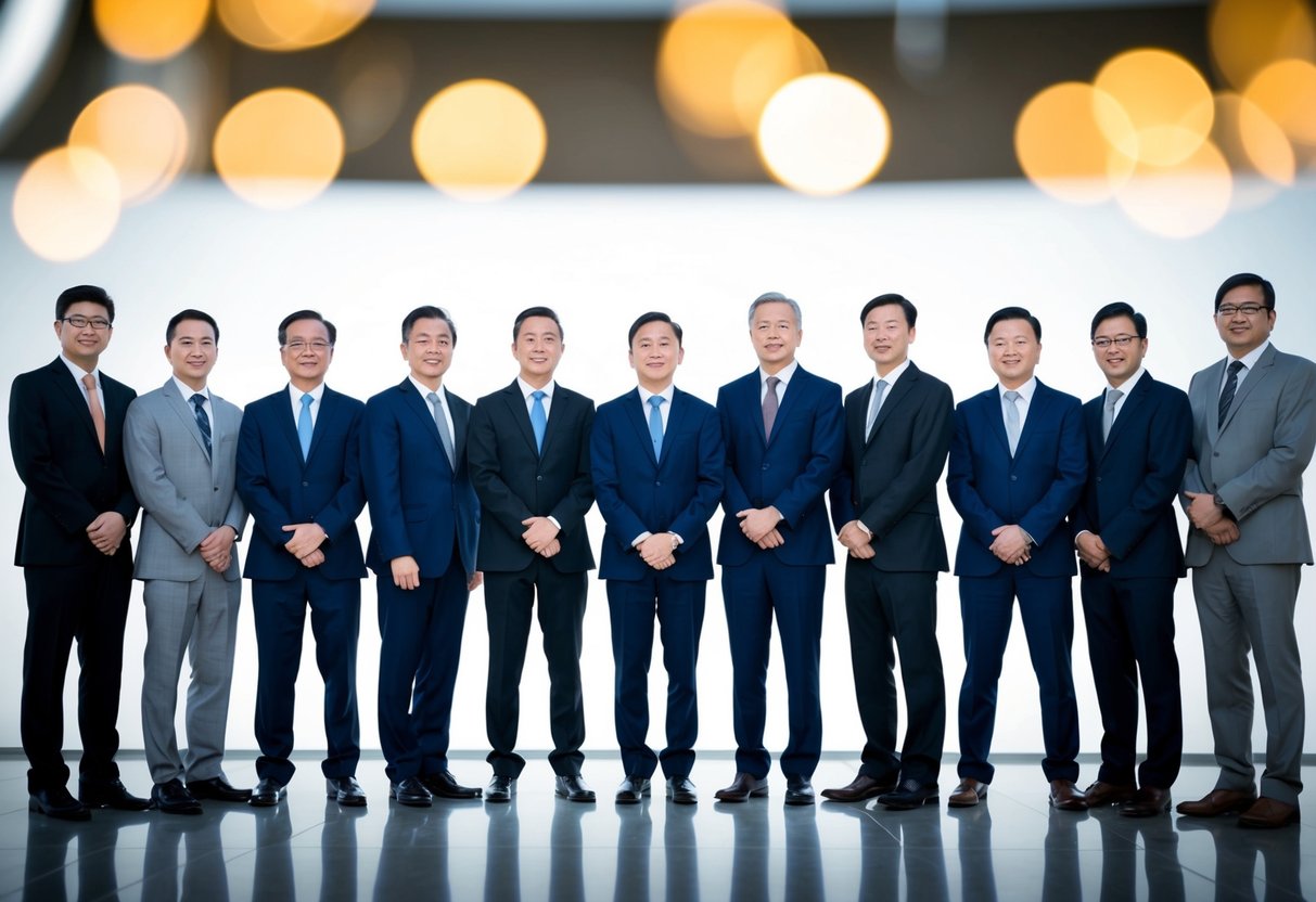 A group of men standing together, dressed in formal attire, with the focus on their arrangement and number