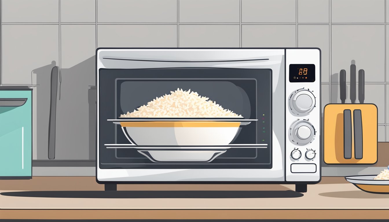 A steaming bowl of coconut rice sits on a plate next to a microwave, stovetop, and oven, showcasing different reheating options