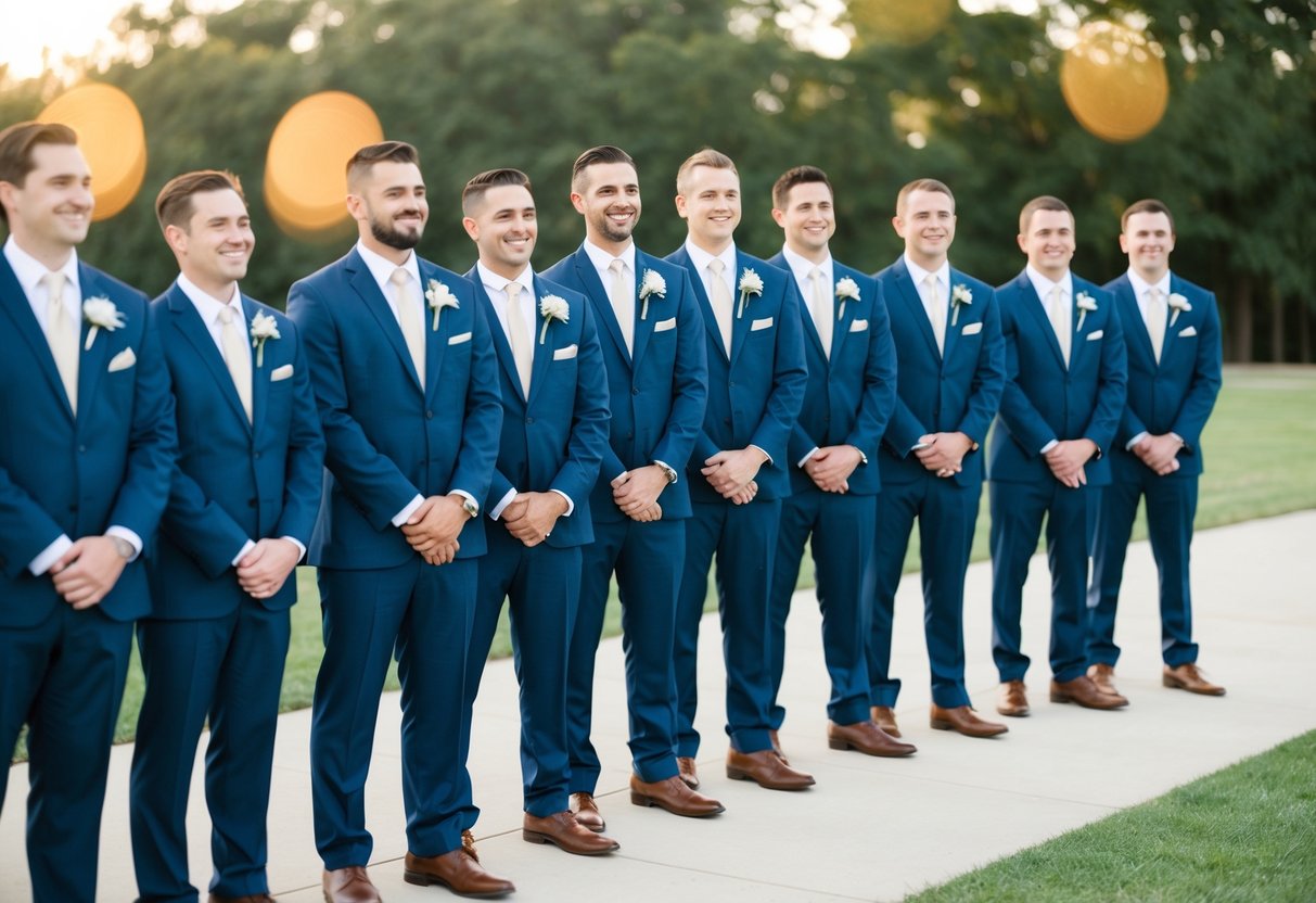 A group of groomsmen standing in line, wearing matching suits, and holding boutonnieres