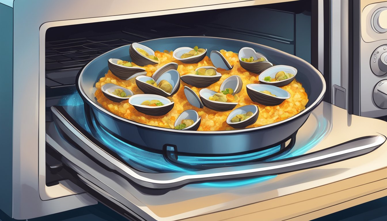 A plate of clams casino being reheated in a microwave