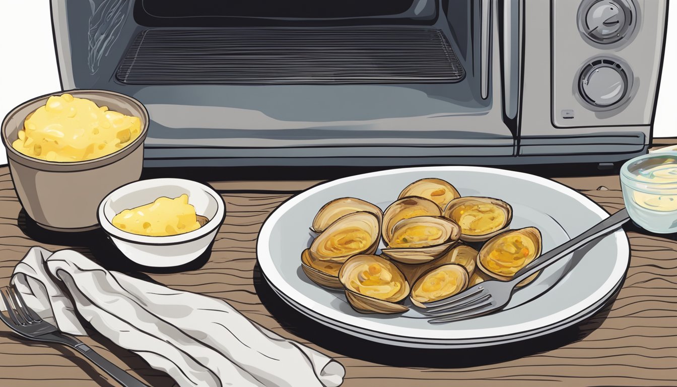 A plate of clams casino sits next to a microwave, with a damp cloth covering the dish. A fork and a small bowl of melted butter are nearby