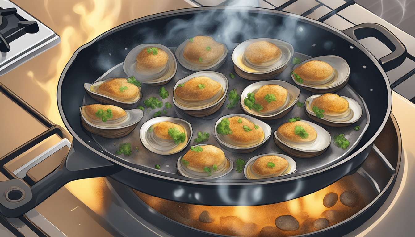 Clams casino sizzling in a skillet on a stovetop, steam rising as they are reheated