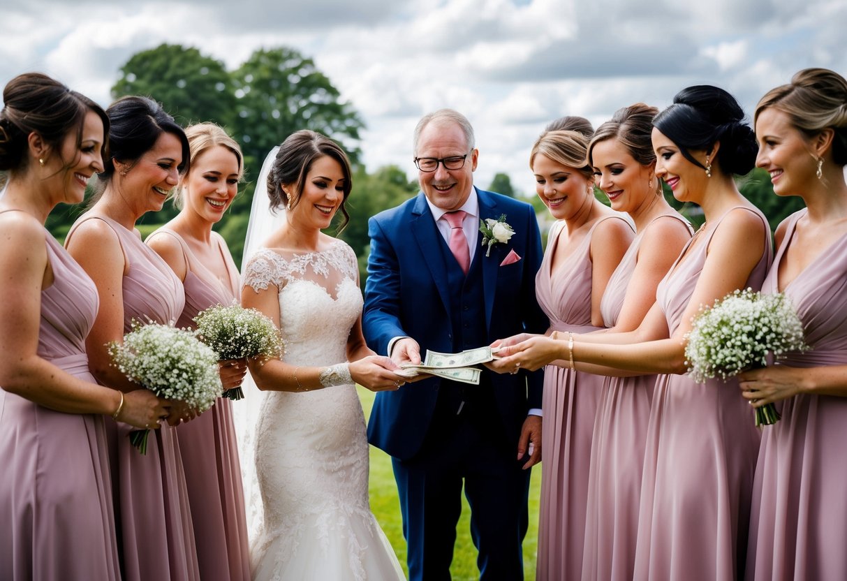 A bride's family handing over money to a group of bridesmaids in the UK