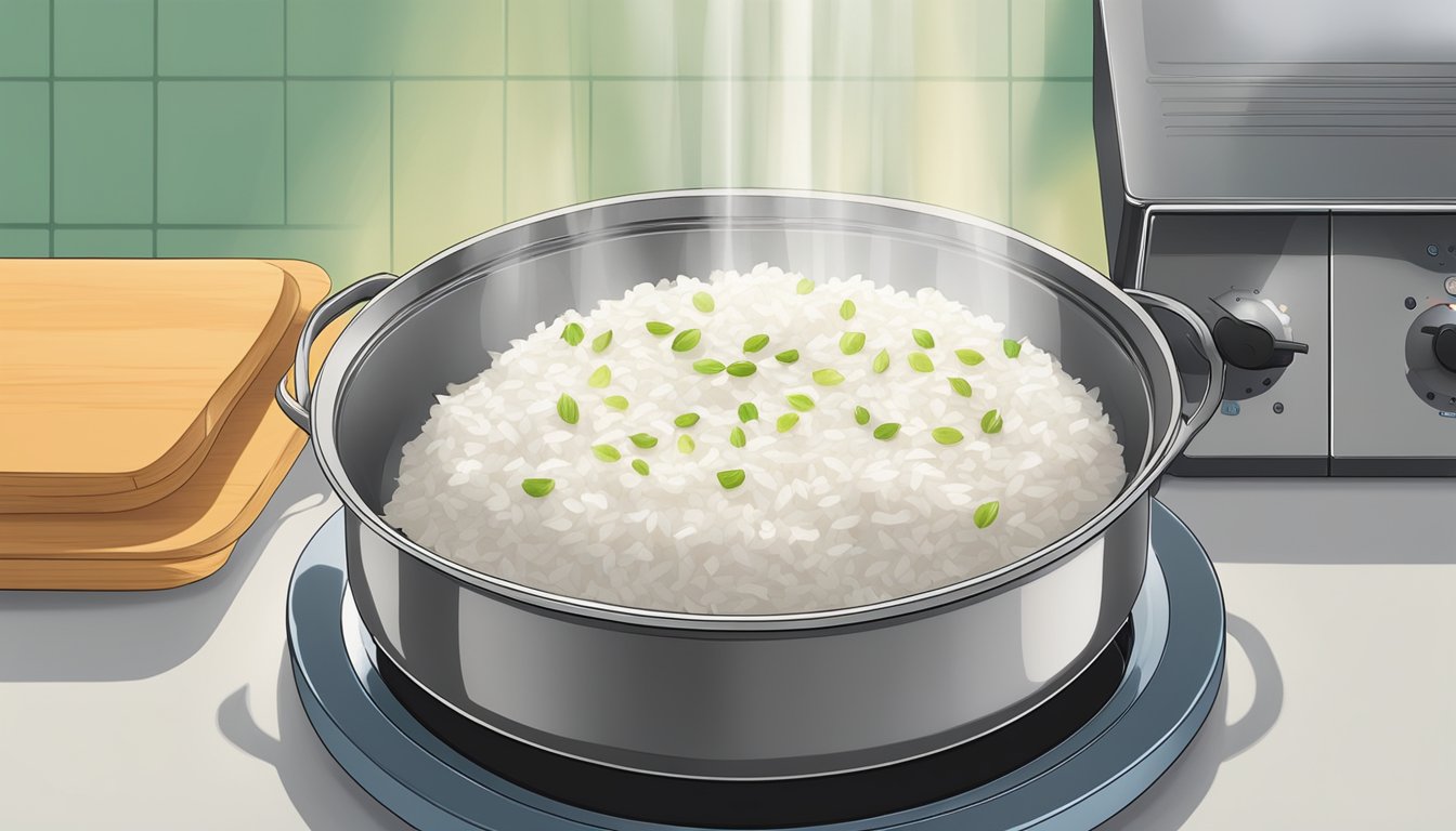 A pot of coconut rice sits on a stovetop, steam rising as it is being reheated